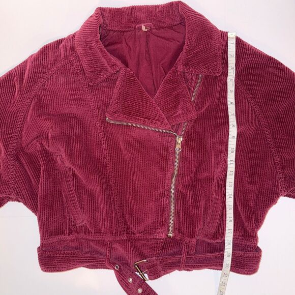 Free People Slouchy Dolman Moto Jacket Corduroy Burgundy Full Zip Lined Belted M - Picture 13 of 16